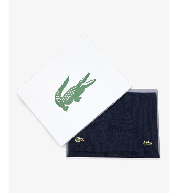 LACOSTE「ウールブレンドニットマフラー＆ビーニーギフトセット」|その他|ネイビー