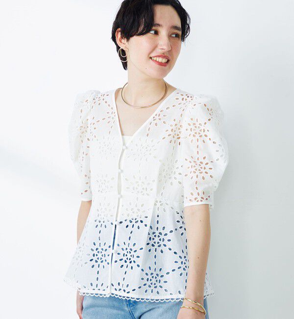 NOLLEY'S「《セットアップ対応》Brocheレース パワショル半袖ブラウス」|シャツ・ブラウス|