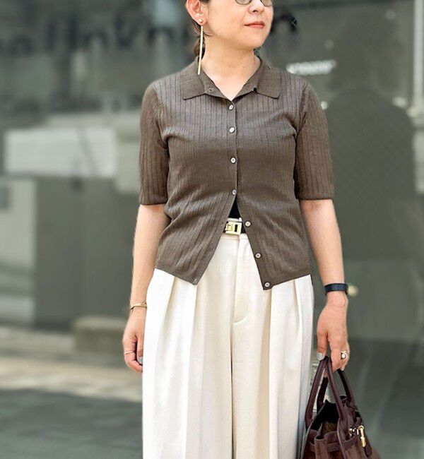 NOLLEY'S sophi「《手洗い可能》ワイドリブシアーポロ衿カーディガン」|カーディガン|オリーブ