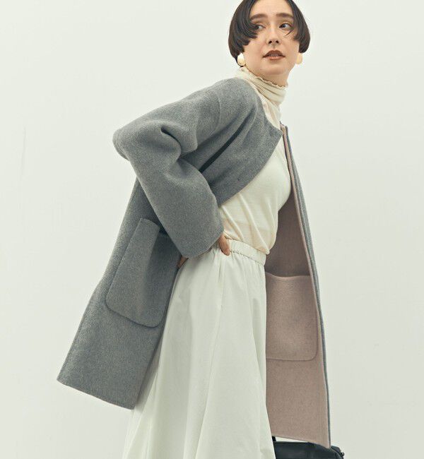 NOLLEY'S「バイカラーリバーコート」|ノーカラーコート|