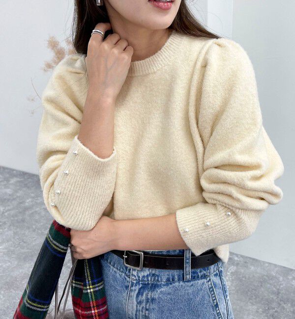 fredy emue「袖ボリュームパール付きニットプルオーバー」|ニット・セーター|アイボリー