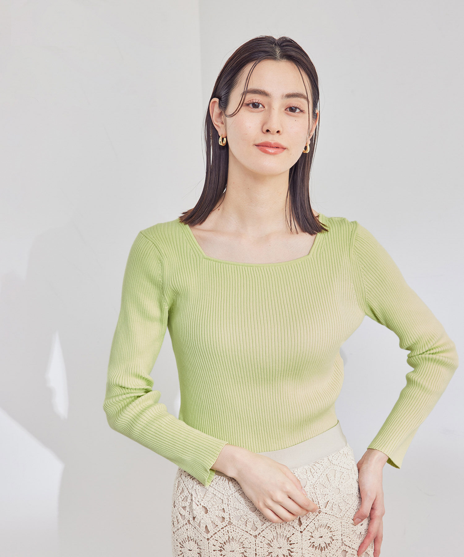 ROPE「【洗える】スクエアネック8分袖コットンリブニット」|Tシャツ・カットソー|ライトグリーン(33)