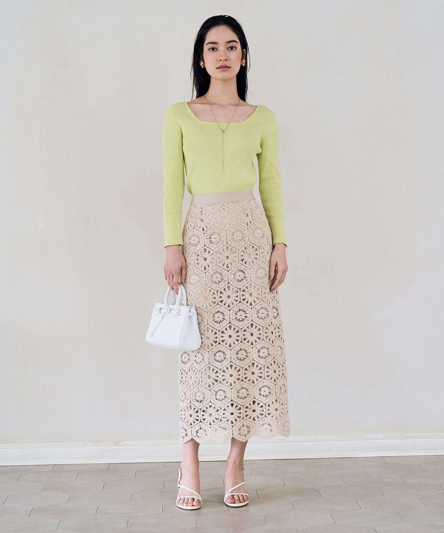 ROPE「【洗える】スクエアネック8分袖コットンリブニット」|Tシャツ・カットソー|