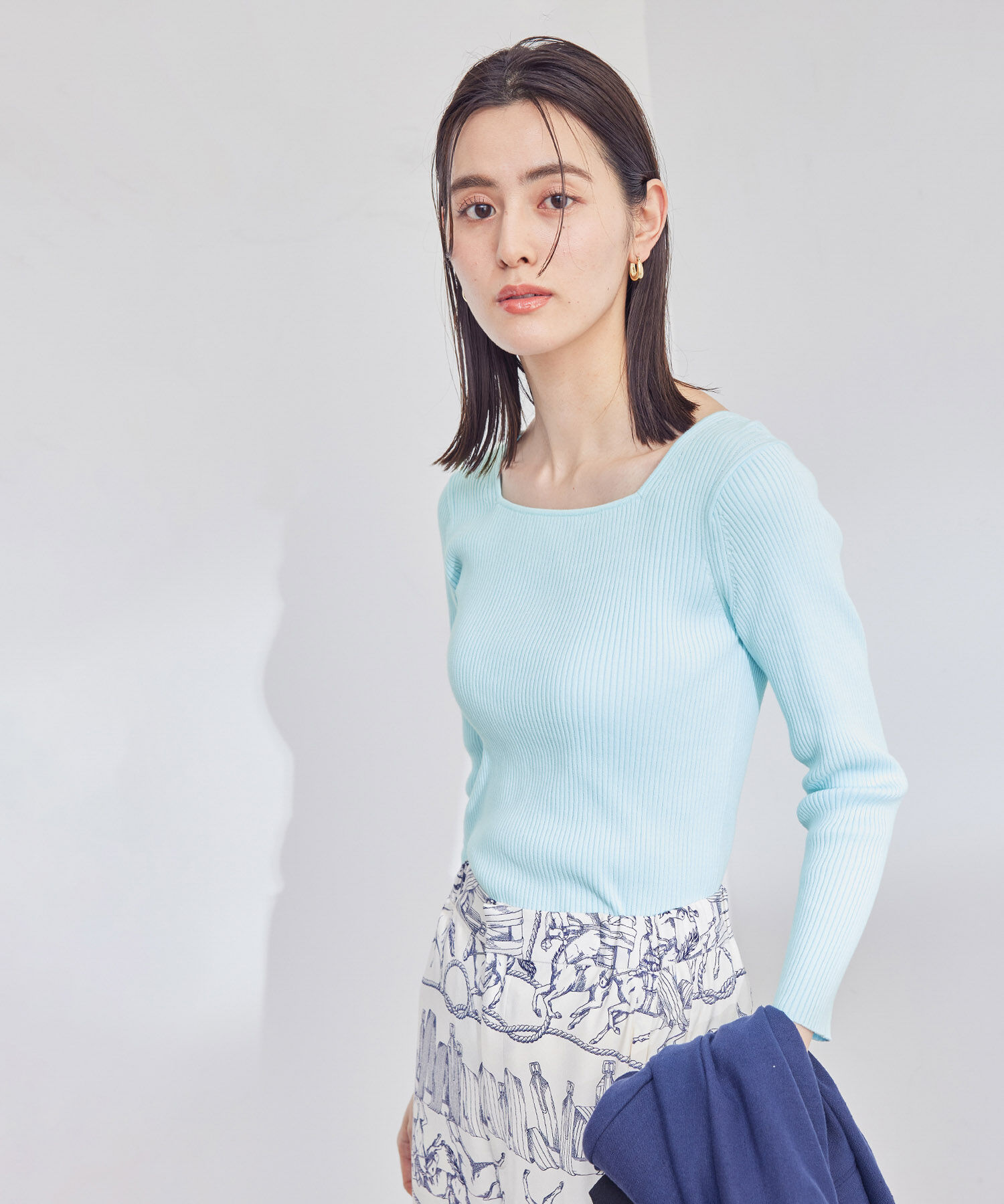 ROPE「【洗える】スクエアネック8分袖コットンリブニット」|Tシャツ・カットソー|ブルー系(47)