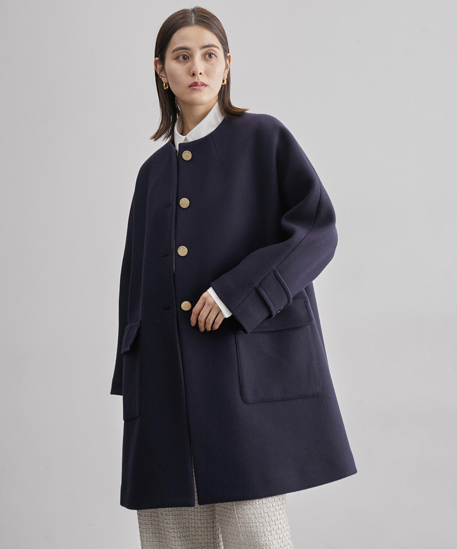 ROPE「【2way】ノーカラー/エコファー付け襟  メルトン Aライン ミドルコート」|その他|