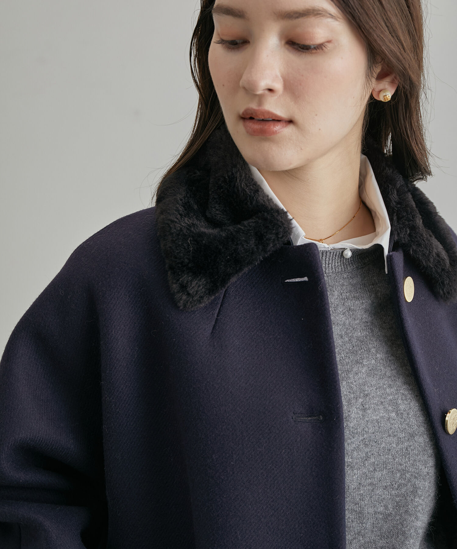 ROPE「【2way】ノーカラー/エコファー付け襟  メルトン Aライン ミドルコート」|その他|