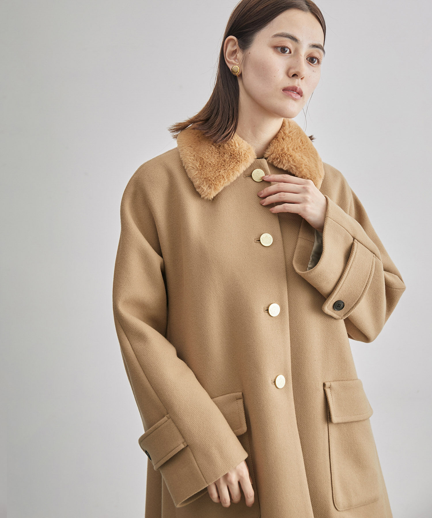 ROPE「【2way】ノーカラー/エコファー付け襟  メルトン Aライン ミドルコート」|その他|