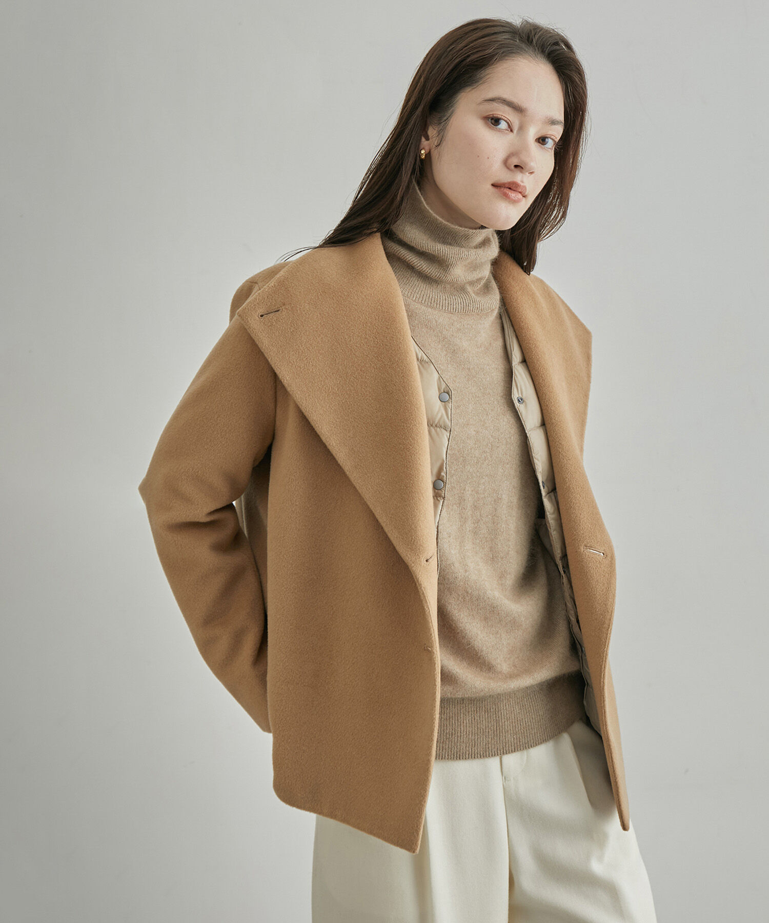 ROPE「【高評価】プレミアムカシミヤショートコート」|ステンカラーコート|ベージュ(27)