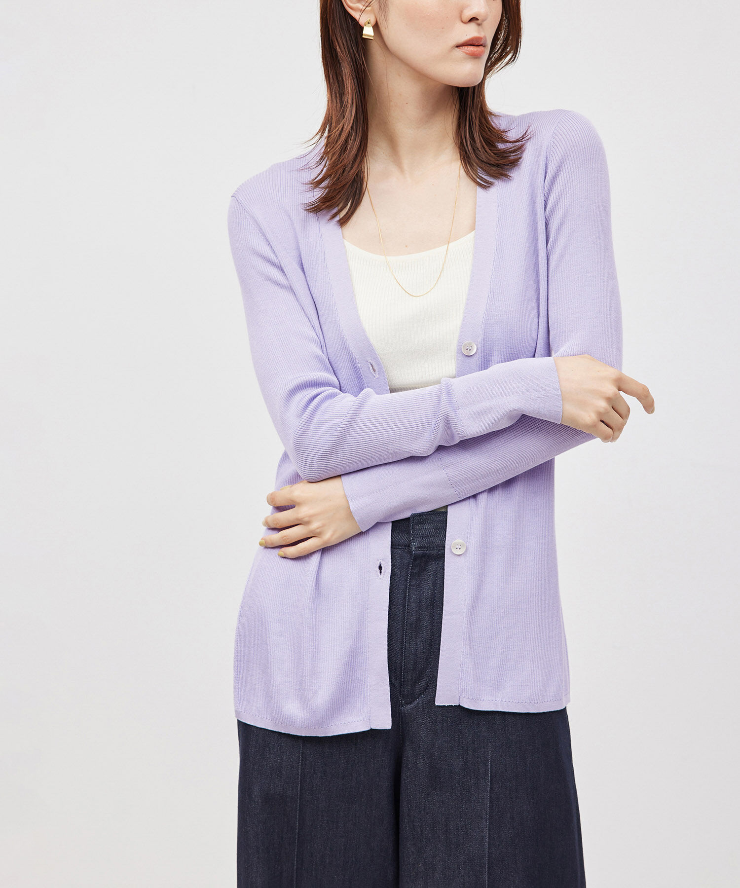 ROPE「【洗える】シルク100％Vネックリブロングカーデガン/スキンニット」|カーディガン|