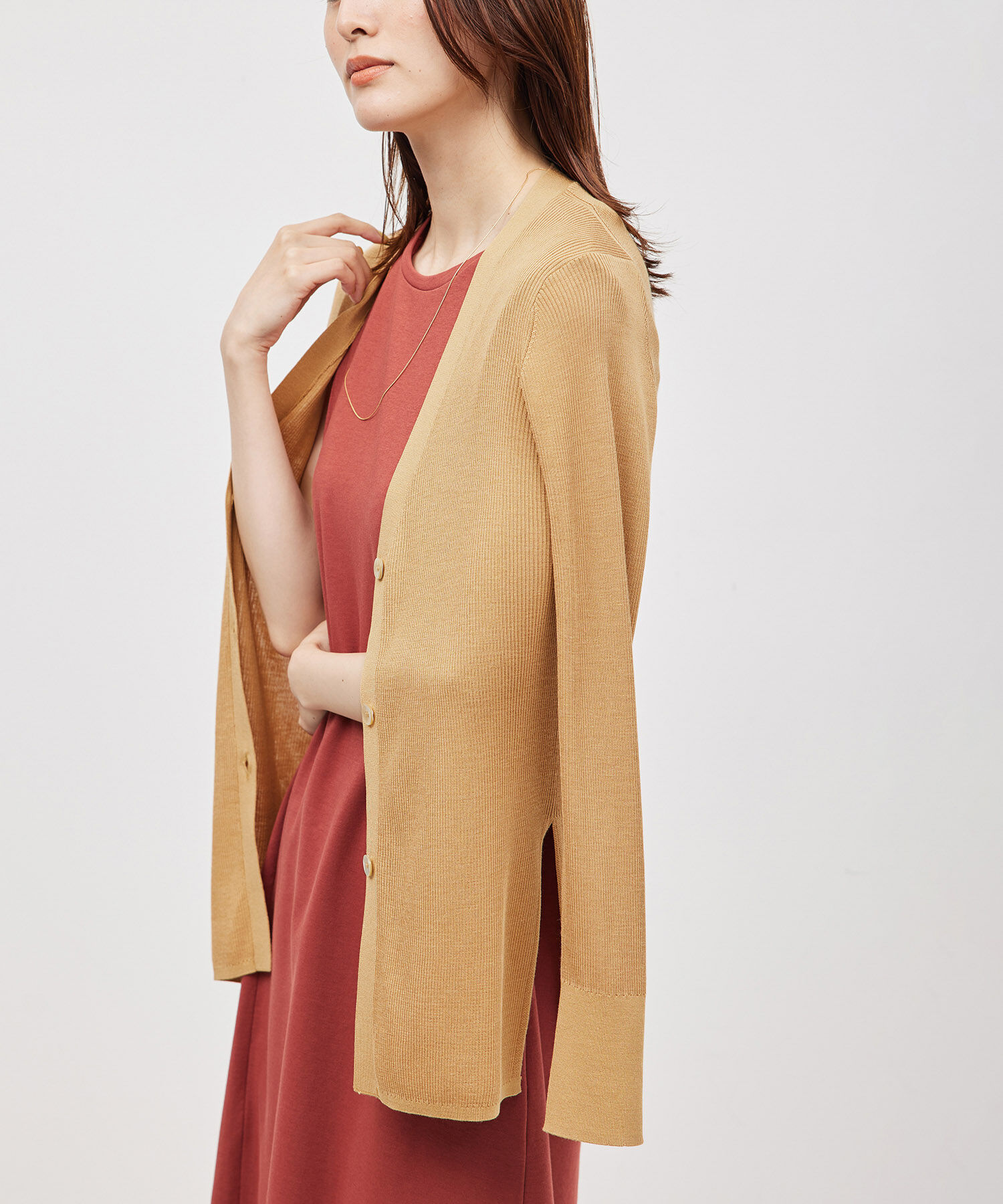 ROPE「【洗える】シルク100％Vネックリブロングカーデガン/スキンニット」|カーディガン|