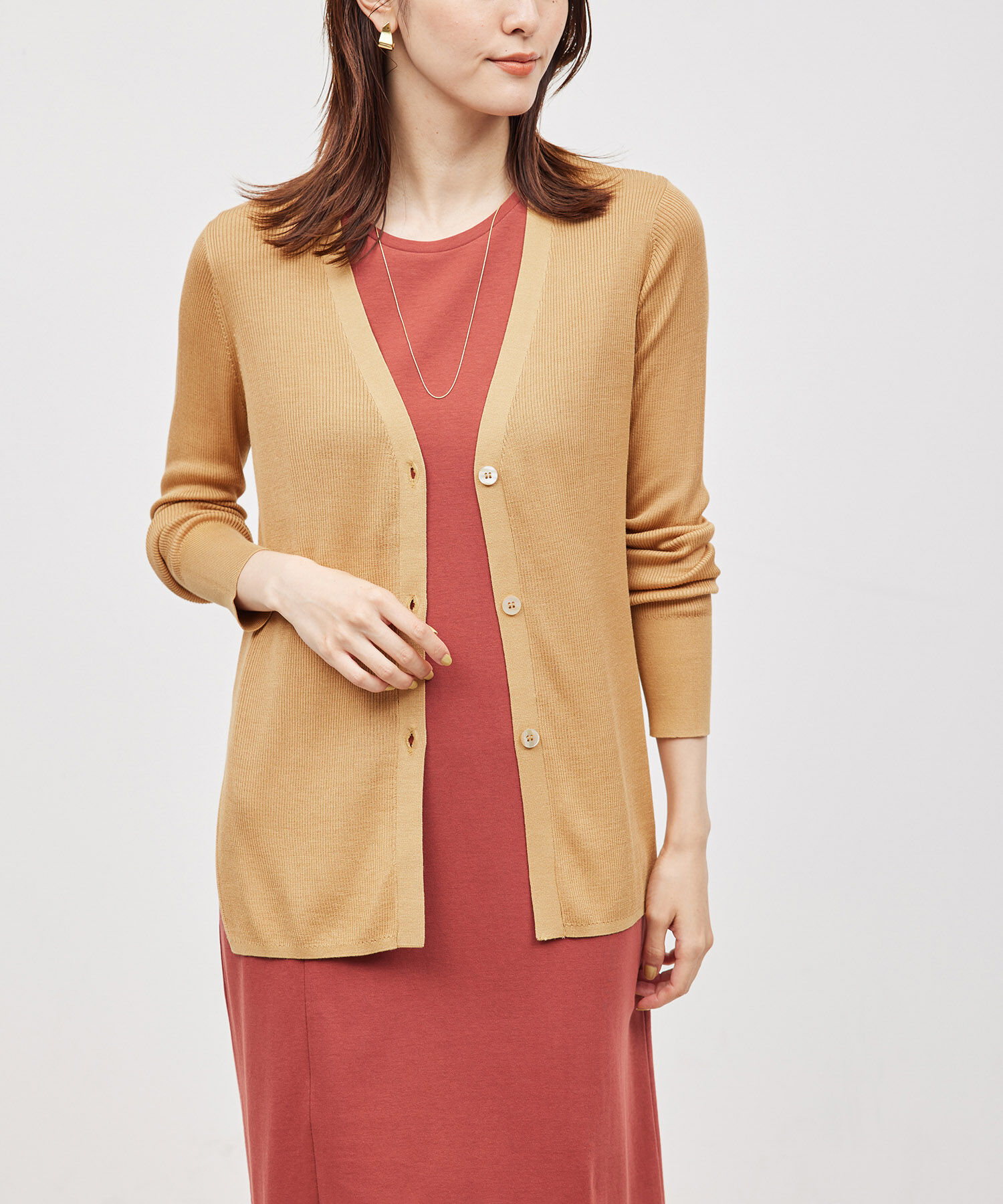 ROPE「【洗える】シルク100％Vネックリブロングカーデガン/スキンニット」|カーディガン|