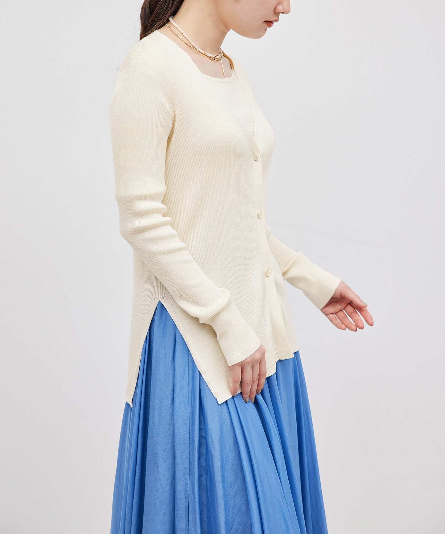 ROPE「【洗える】シルク100％Vネックリブロングカーデガン/スキンニット」|カーディガン|