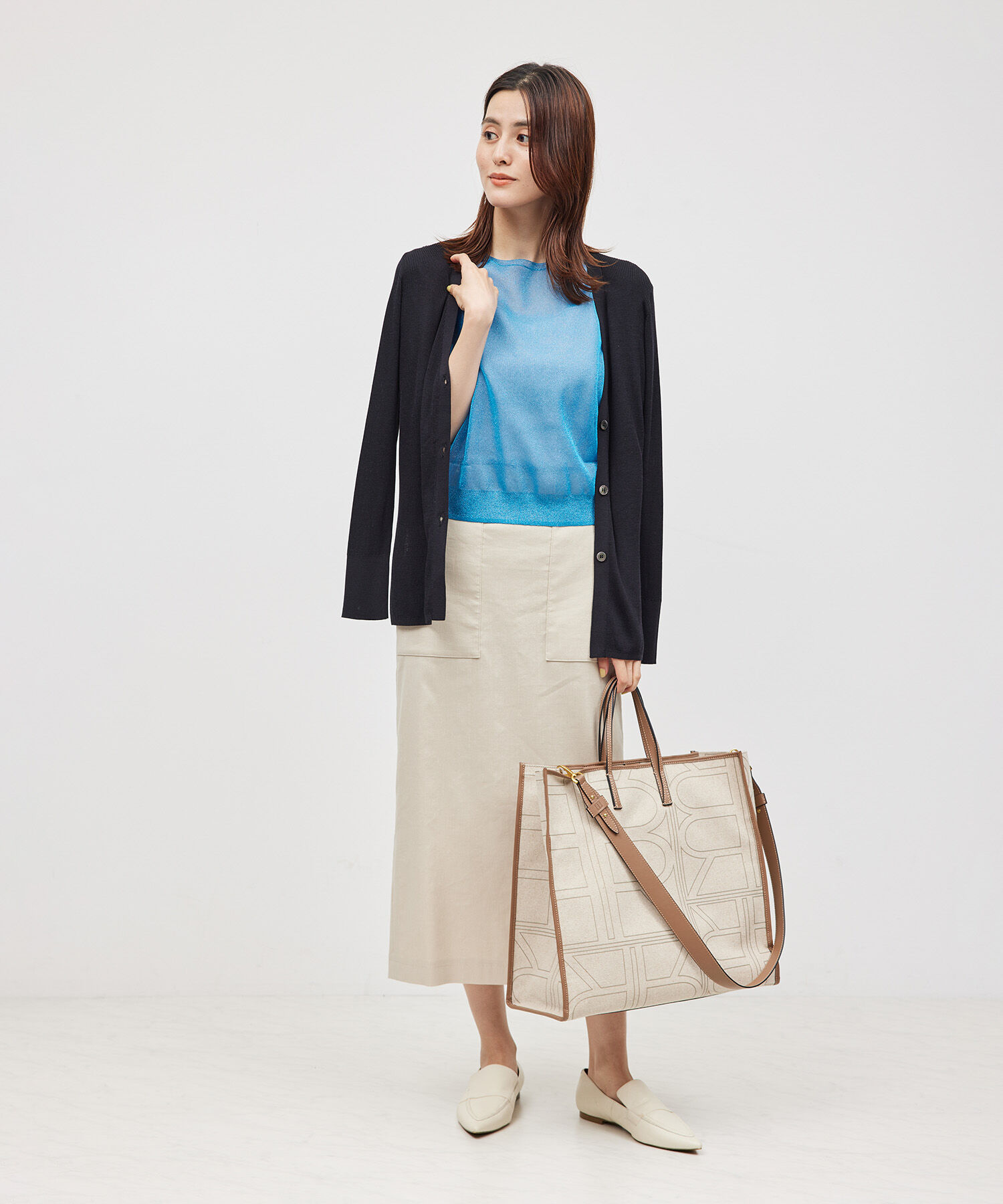 ROPE「【洗える】シルク100％Vネックリブロングカーデガン/スキンニット」|カーディガン|