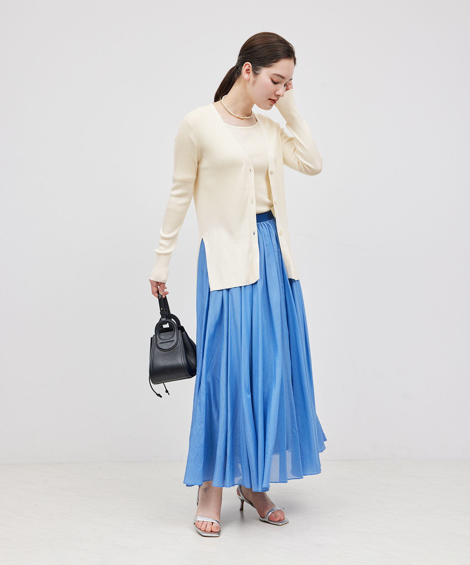 ROPE「【洗える】シルク100％Vネックリブロングカーデガン/スキンニット」|カーディガン|