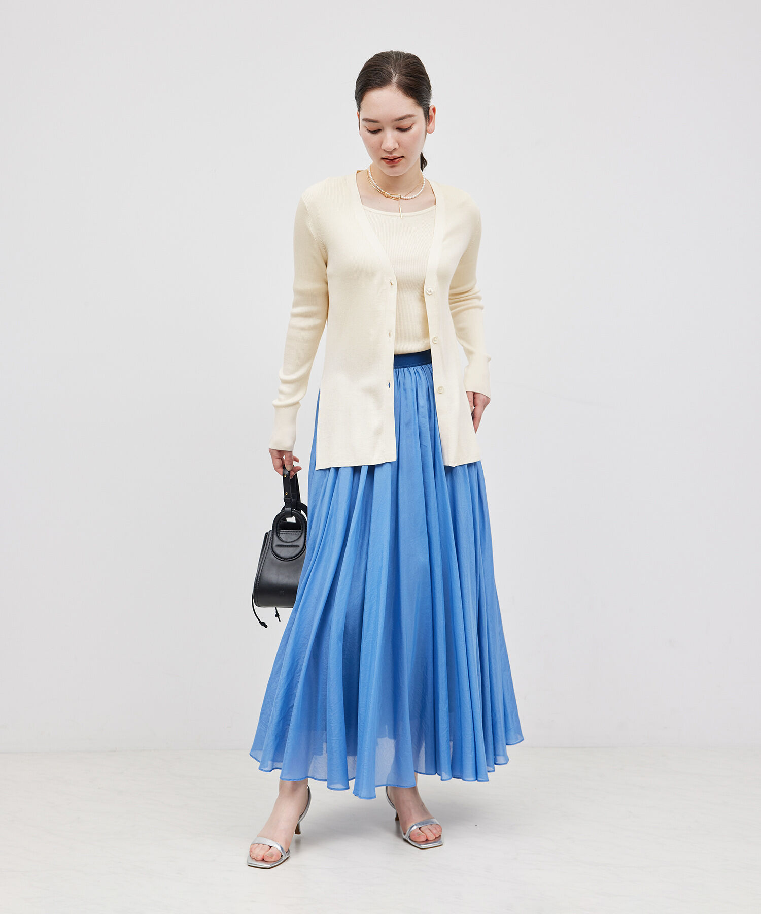 ROPE「【洗える】シルク100％Vネックリブロングカーデガン/スキンニット」|カーディガン|