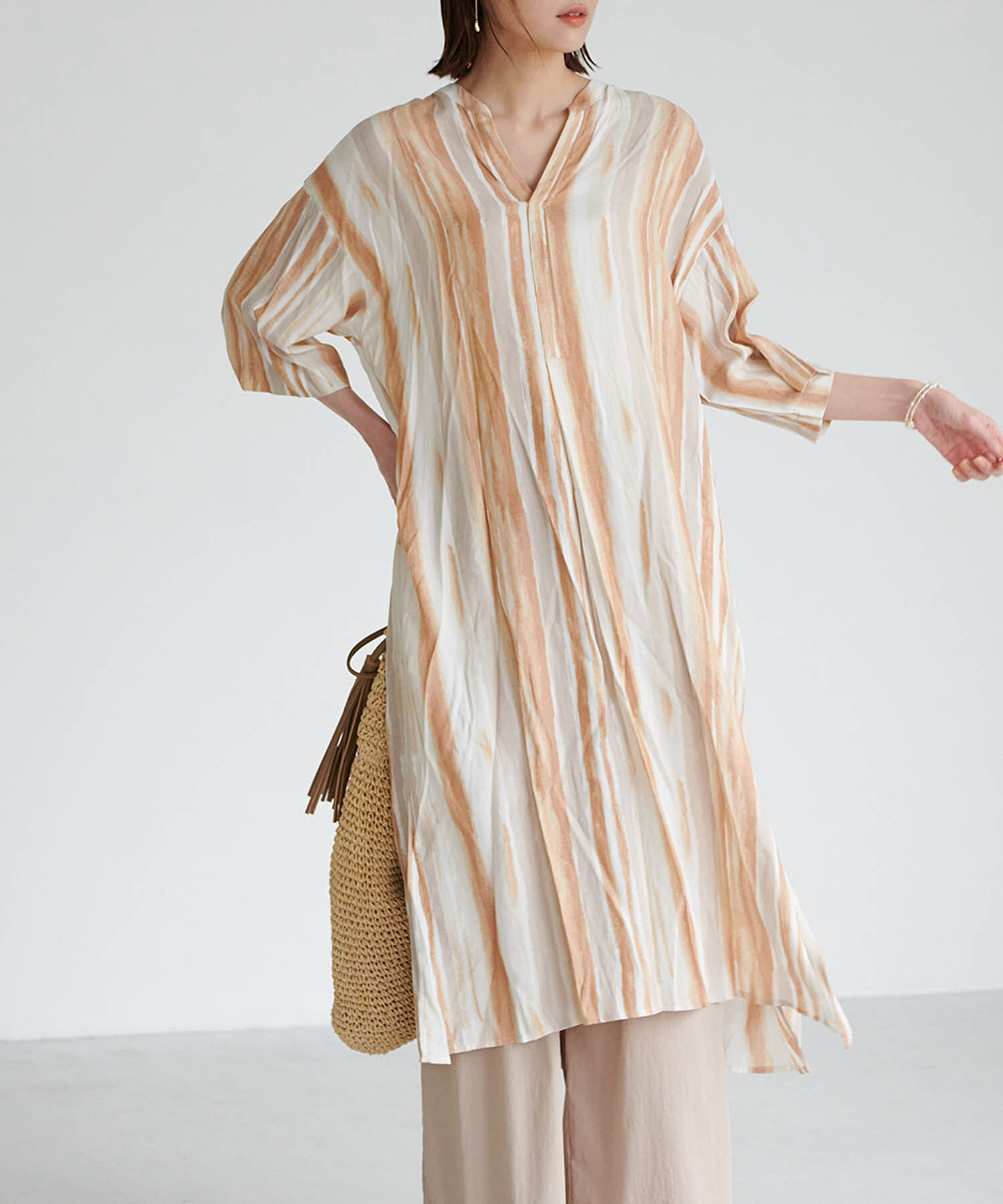 Rope&rsquo;Picnic「手書き風ストライプシャツワンピース」|その他|キャメル(25)