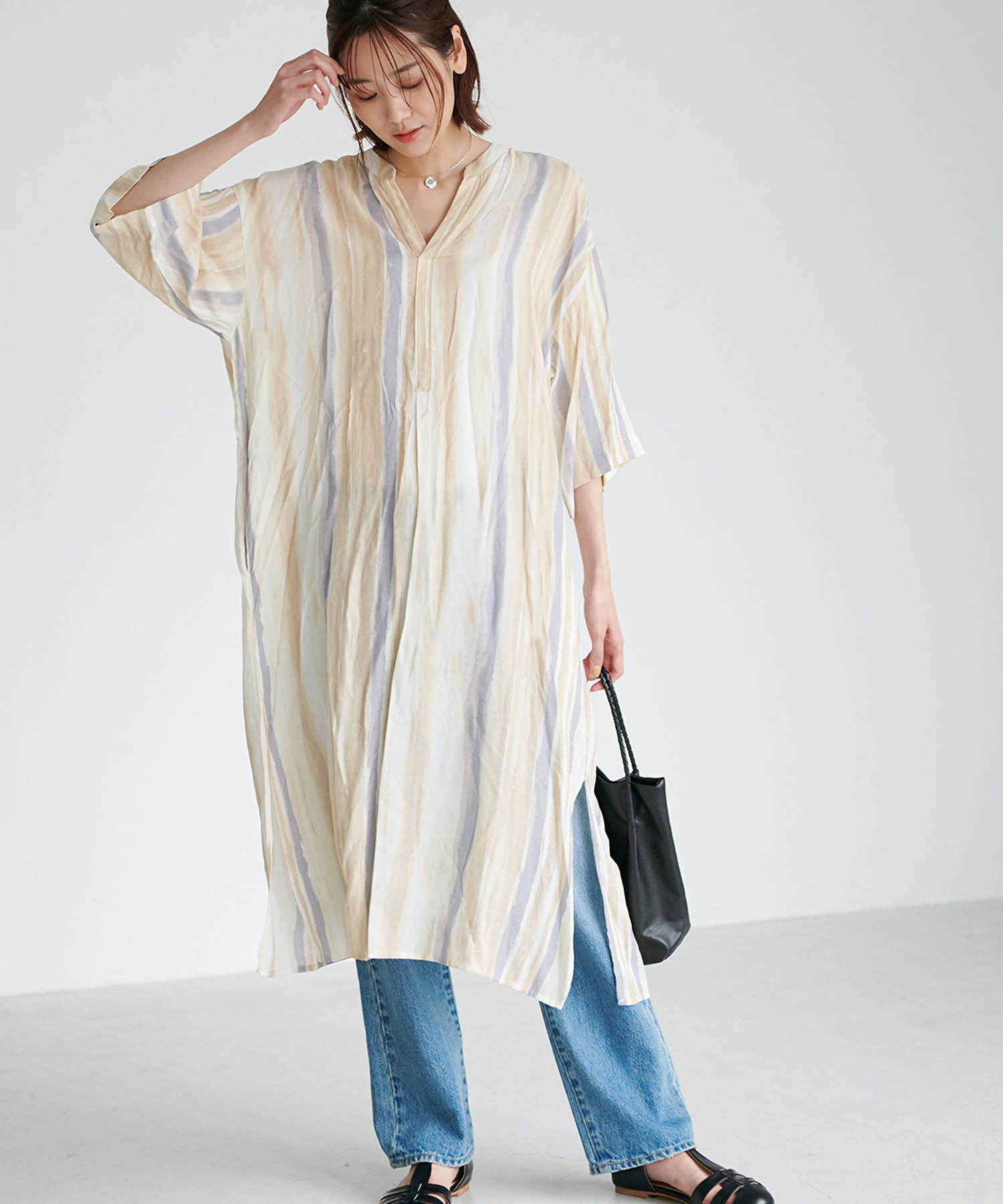 Rope&rsquo;Picnic「手書き風ストライプシャツワンピース」|その他|パープル(50)