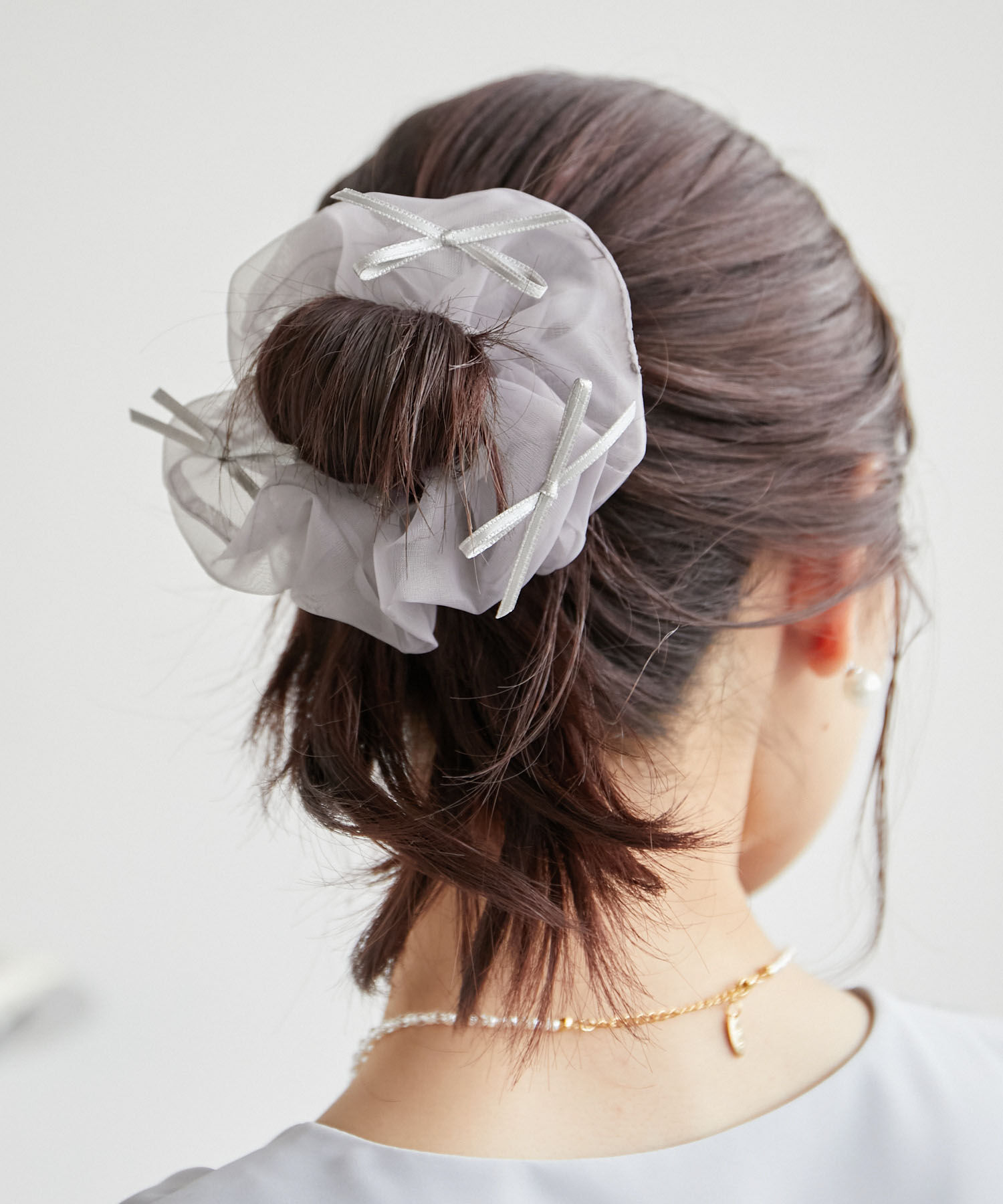 ROPE PICNIC PASSAGE「オーガンジーミニリボンシュシュ」|ヘアゴム・シュシュ|ライトグレー(08)