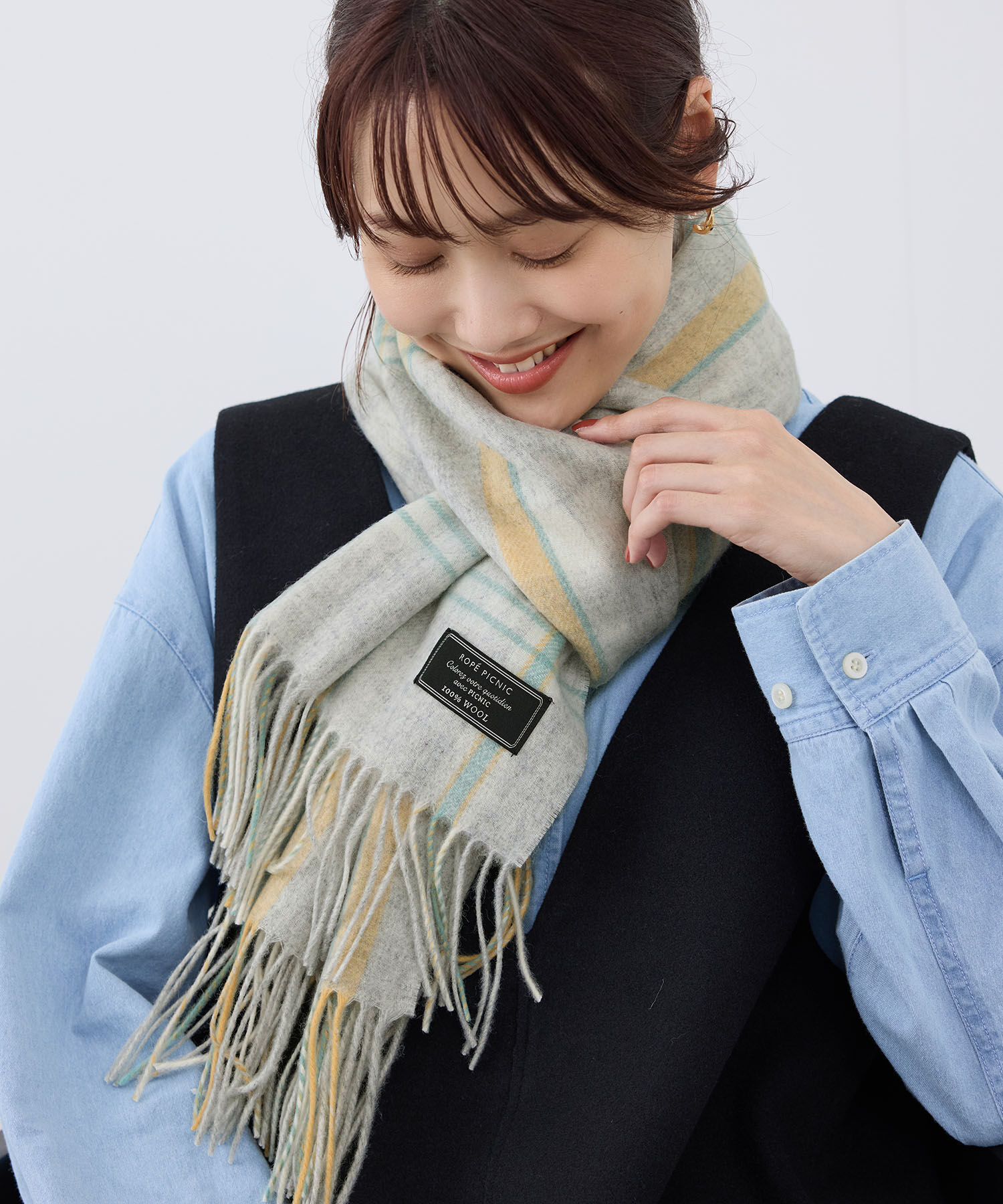 ROPE PICNIC PASSAGE「ウールチェックストール」|ストール|ライトグレー(08)