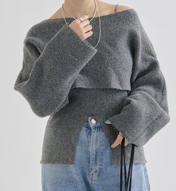  「クロスニットスリットキャミSET」|ニット・セーター|グレー
