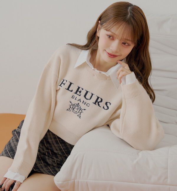  「【REVIVAL/WEB限定】襟取り外しロゴジャガードショートニット」|ニット・セーター|アイボリー