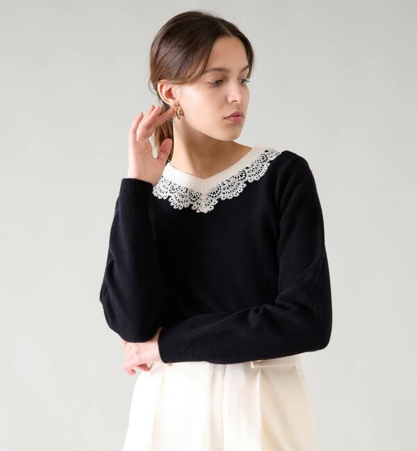 TIARA「バイカラーVネックレースニット」|ニット・セーター|ブラック