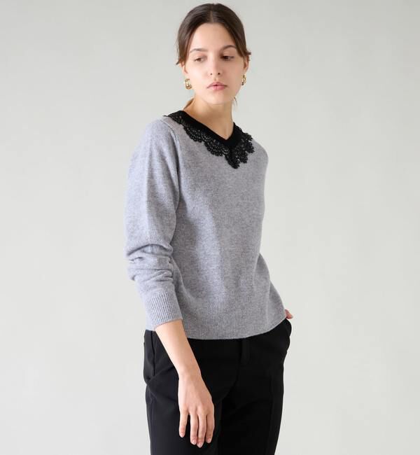TIARA「バイカラーVネックレースニット」|ニット・セーター|トップグレー