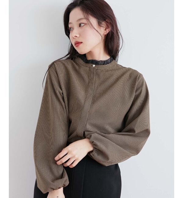 le.coeur blanc「チェック柄オーガンジーフリルネックブラウス」|シャツ・ブラウス|ブラウン柄