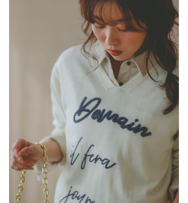  「フレーズロゴ刺繍Vネックニット」|ニット・セーター|