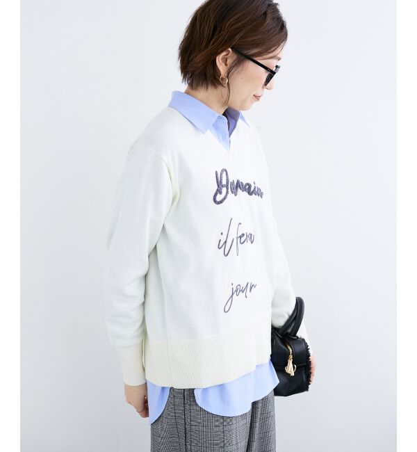  「フレーズロゴ刺繍Vネックニット」|ニット・セーター|