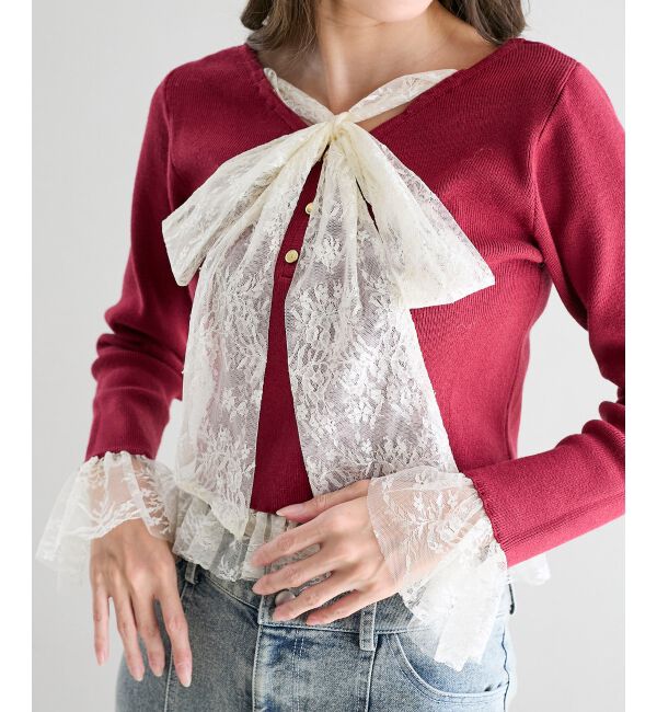  「レースドッキングVネックニット」|ニット・セーター|