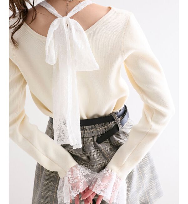  「レースドッキングVネックニット」|ニット・セーター|