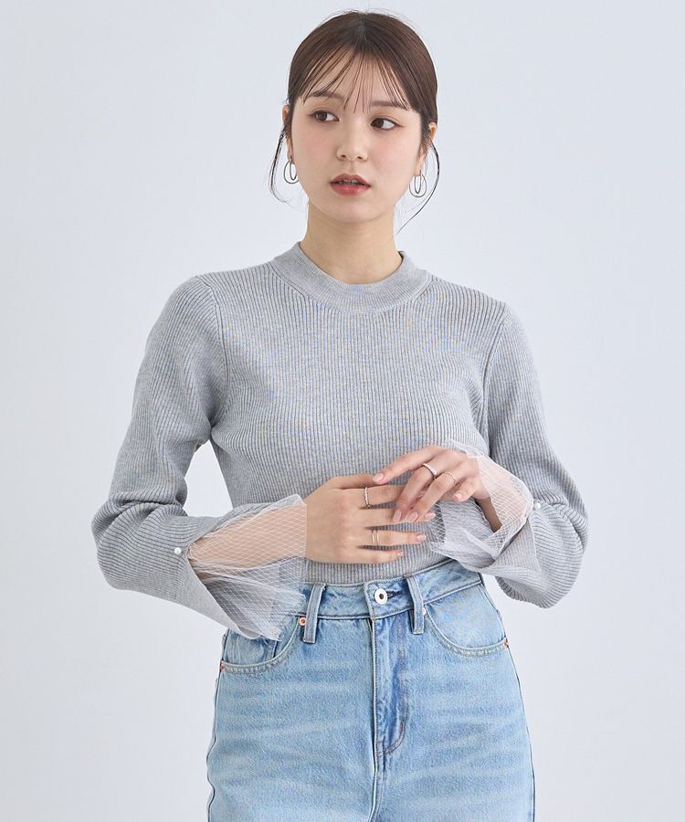 earth music&ecology「スリットチュールスリーブニットプルオーバー」|ニット・セーター|Light Gray