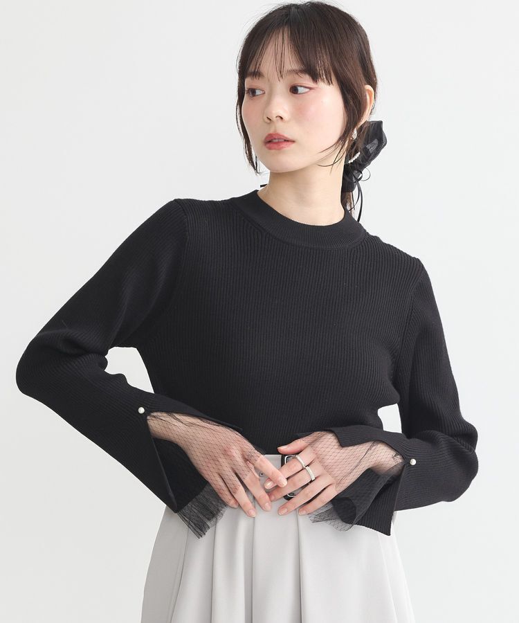 earth music&ecology「スリットチュールスリーブニットプルオーバー」|ニット・セーター|Black