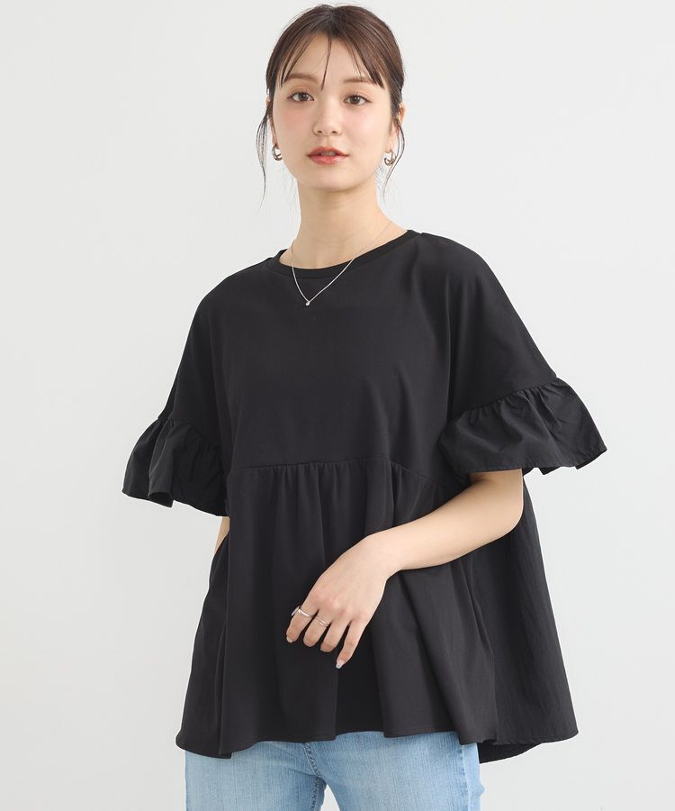 earth music&ecology「フリルドッキングポンチョT」|チュニック|Black