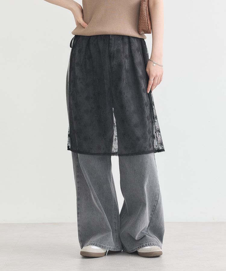 earth music&ecology「フラワー刺繍レイヤードスカート」|スカート|Black