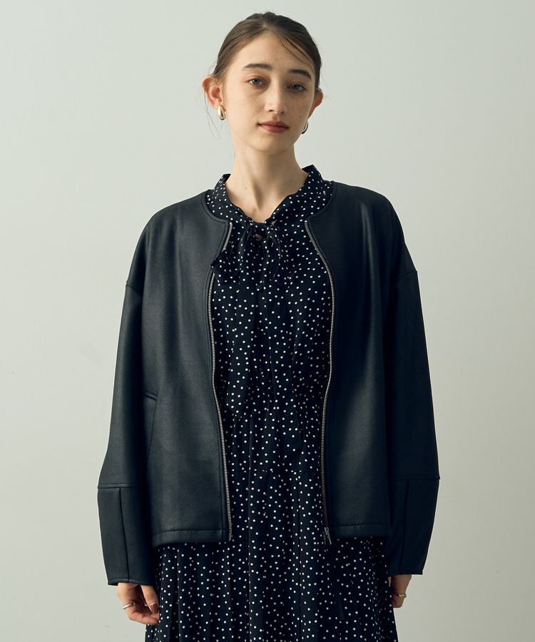 YECCA VECCA「レザーライクノーカラーブルゾン」|ブルゾン・スタジャン|Black