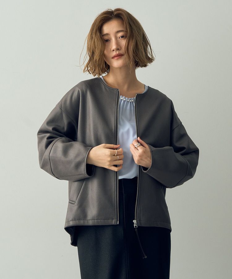 YECCA VECCA「レザーライクノーカラーブルゾン」|ブルゾン・スタジャン|
