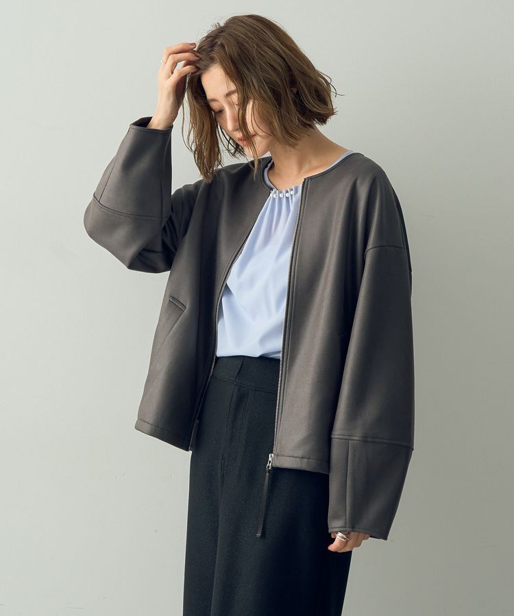 YECCA VECCA「レザーライクノーカラーブルゾン」|ブルゾン・スタジャン|Brown