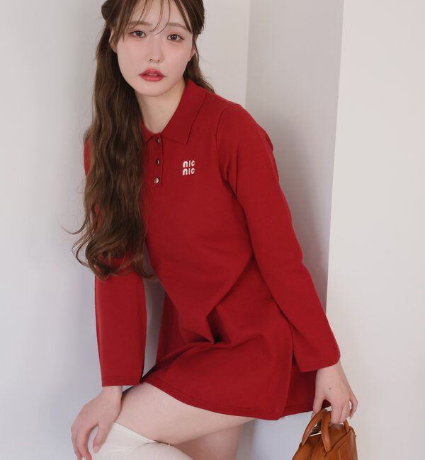  「ポロ襟ニットワンピース」|ワンピース|レッド