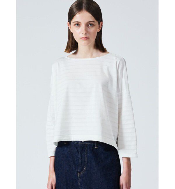 mizuiro ind「mizuiro ind オパール加工プリントワイドプルオーバー」|Tシャツ・カットソー|オフホワイトボーダー