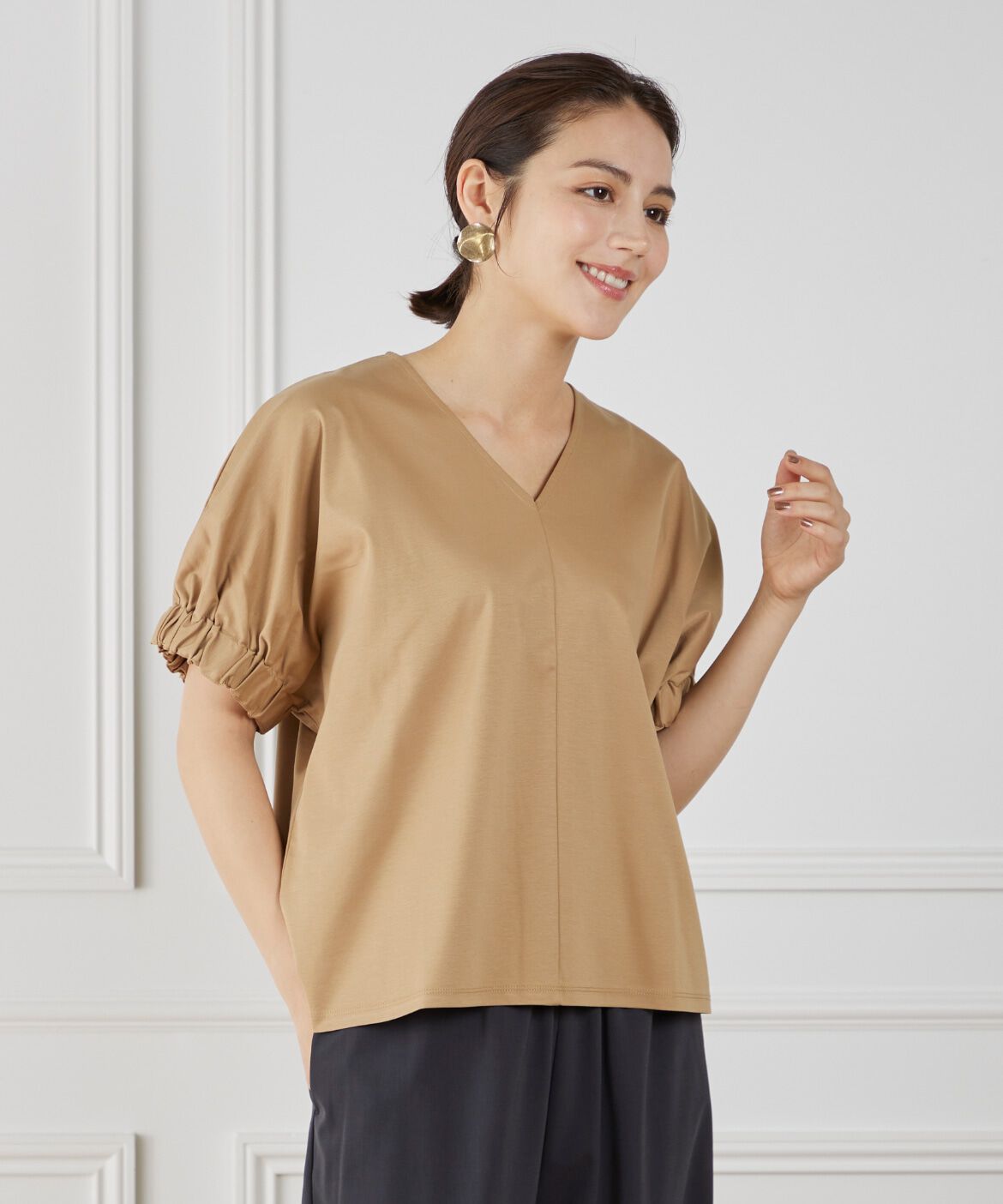 7-IDconcept.「ギャザースリーブプルオーバー」|Tシャツ・カットソー|キャメル1