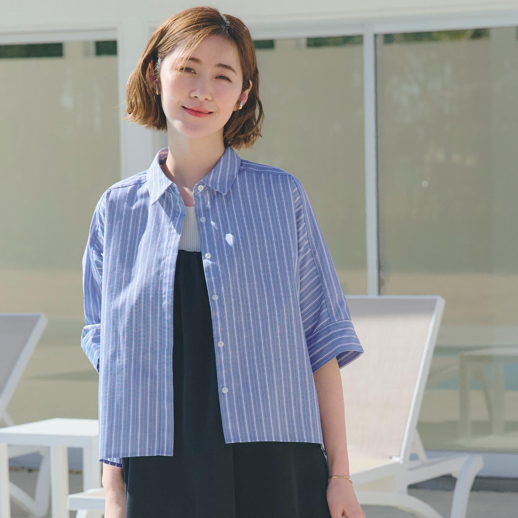 grove「【夏に嬉しい機能付き】ドルマンクロップドシャツ」|シャツ・ブラウス|ブルーストライプ(3