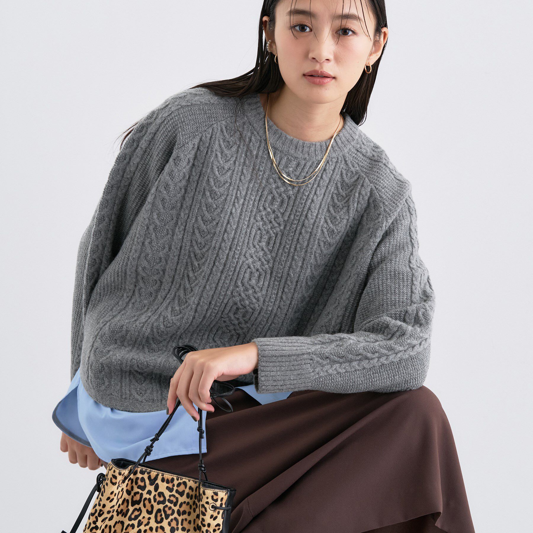 INDIVI「【洗える】ケーブルデザイン ラウンドヘムニット」|ニット・セーター|