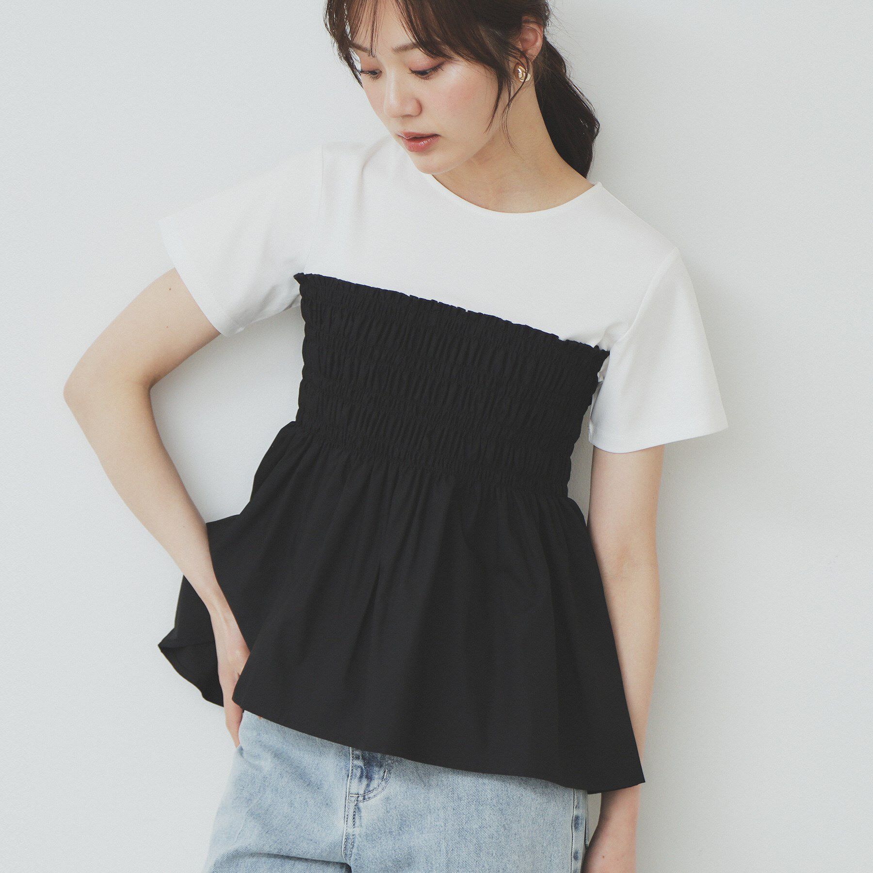 index「シャーリングドッキングペプラムトップス【洗濯機洗い可】」|Tシャツ・カットソー|