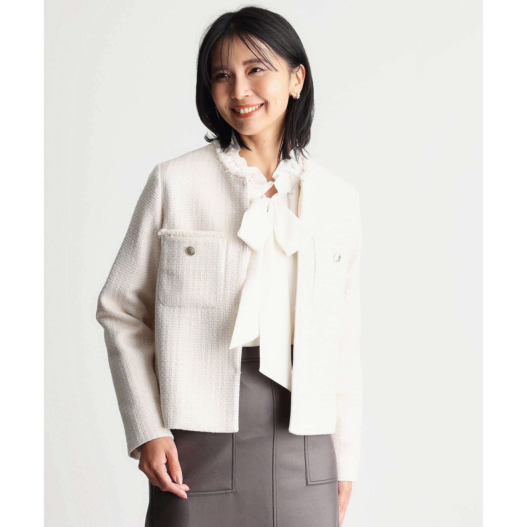 THE SHOP TK「【ONOFF活躍/セレモニー/通勤】ツイードノーカラージャケット/洗える」|ノーカラージャケット|