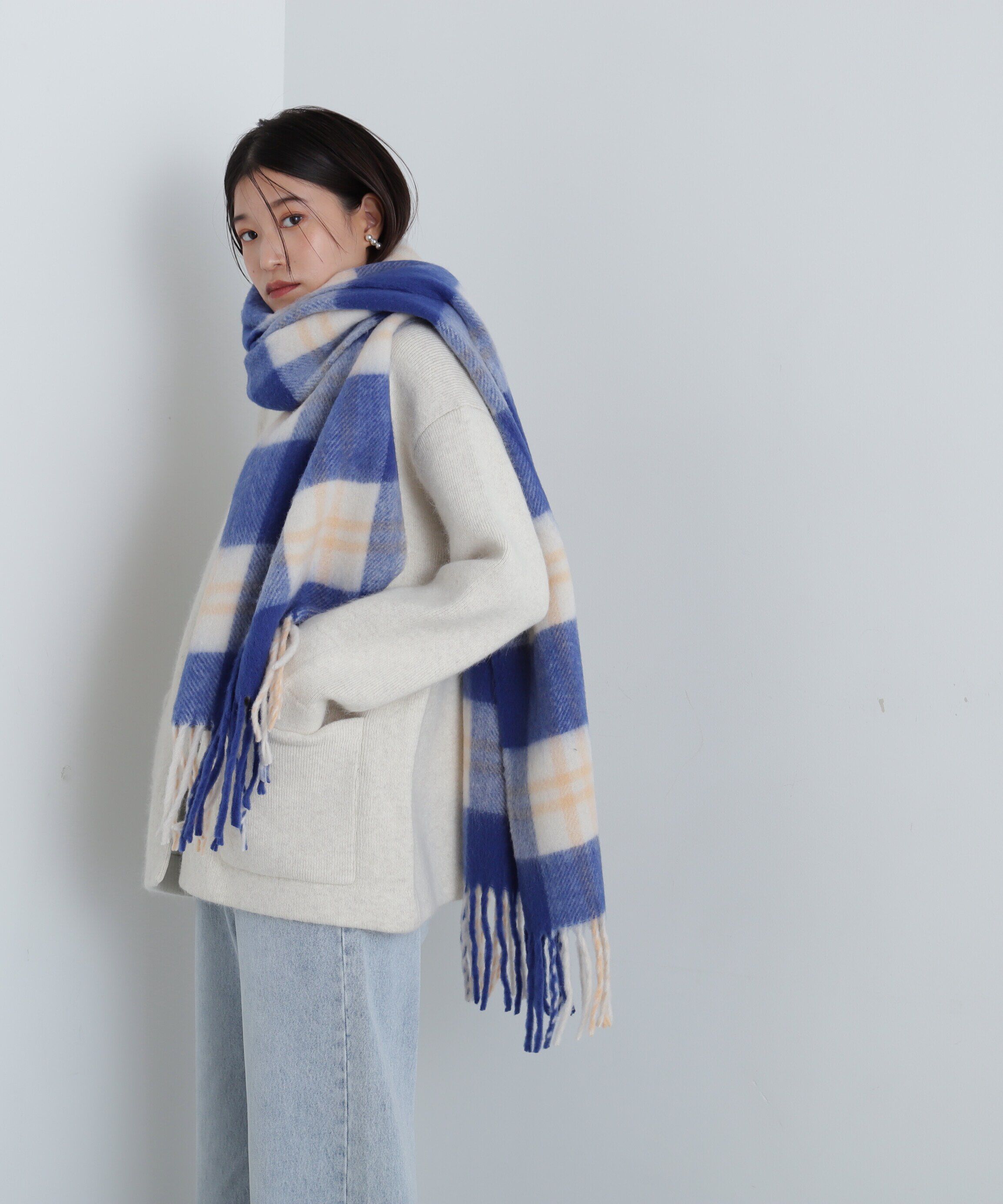  「フリンジチェックストール」|マフラー|ブルーチェッ 1