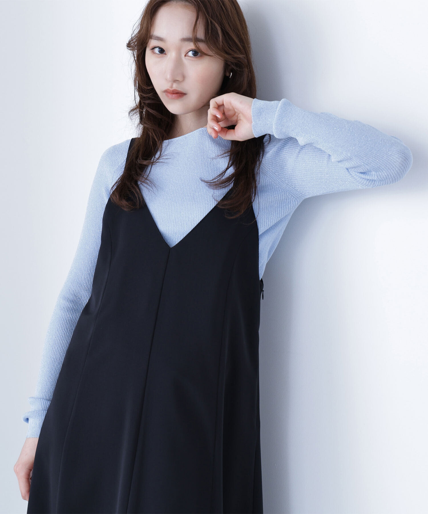  「ラメリブボートネックニット」|ニット・セーター|ブルー