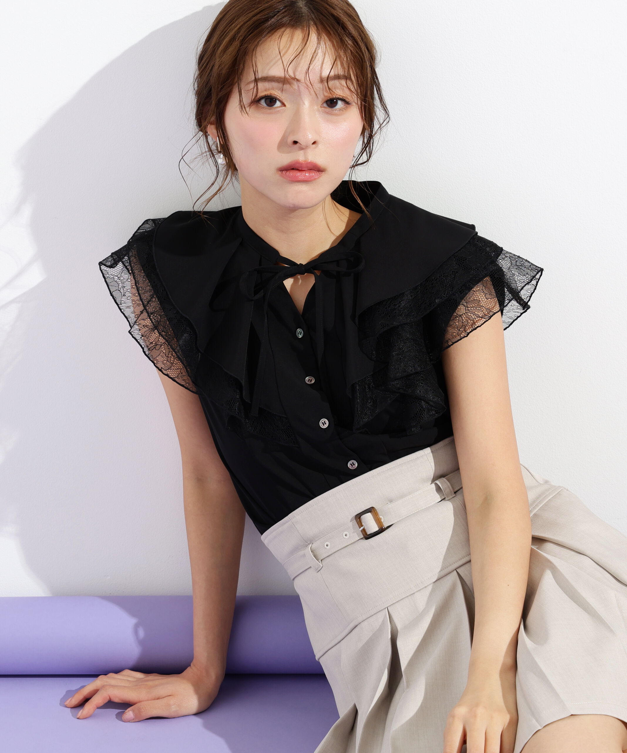  「ケープフリルフレアスリーブブラウス」|シャツ・ブラウス|ブラック