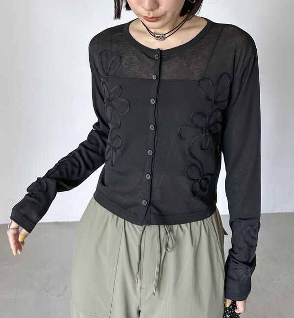 Doux archives「コード刺繍シアーカットソーカーディガン」|Tシャツ・カットソー|BLACK